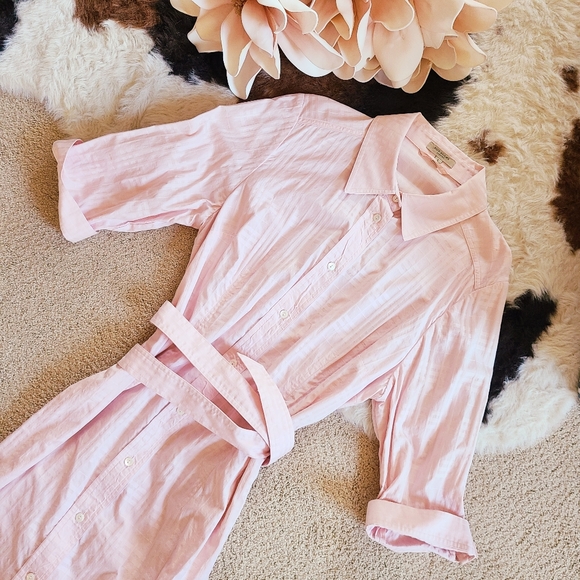 Burberry London Pink Embossed Plaid Belted Button Down Shirt Dress Women's Large - Picture 13 of 15